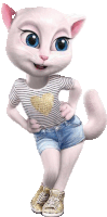 a white cat wearing a striped shirt and shorts