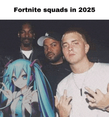 snoop dogg ice cube and eminem pose for a picture with a picture of hatsune miku in the background .