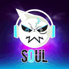 a logo for a company called soul shows a skull with headphones on