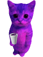 a purple cat holding a cup of purple liquid