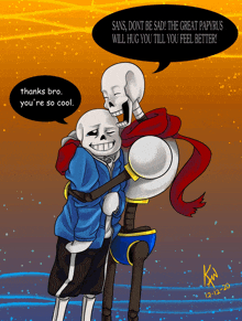 a drawing of two skeletons hugging each other with the words thanks bro you 're so cool