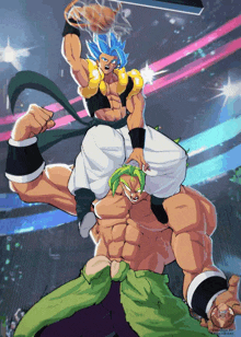 a cartoon of gogeta holding a basketball above broly