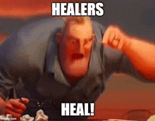 a cartoon character is sitting at a table with a fork in his mouth and a caption that says `` healers heal ! ''