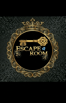 a black and gold escape room logo with a key in the center