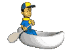 a pixel art of a man in a boat with a paddle