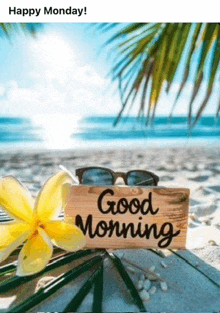 a wooden sign that says `` good morning '' is on the beach .