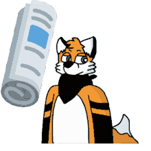 a cartoon fox with green eyes is standing next to a roll of paper