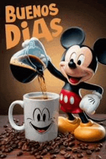 mickey mouse is pouring coffee into a cup with a smiling face .