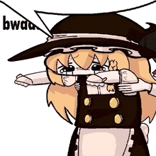 a cartoon drawing of a girl wearing a hat with the word bwaa on the bottom