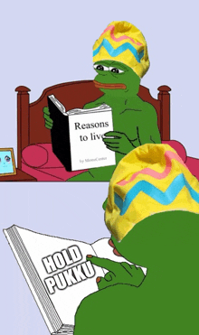 a cartoon frog reading a book titled reasons to live