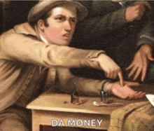 a painting of a man sitting at a table with da money written on the bottom