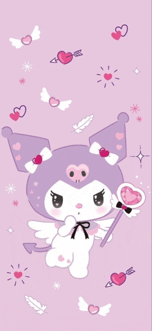 a purple and white cartoon character with wings and a heart on a purple background .