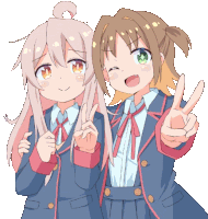 two anime girls in school uniforms are giving a peace sign