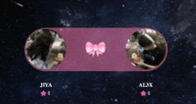 a couple of people standing next to each other in a pink circle with a pink bow .