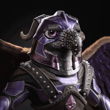 a purple bird with horns and a purple eye is wearing a purple helmet