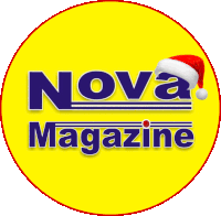 a yellow nova magazine logo with a santa hat