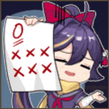 a girl with purple hair is holding a piece of paper with the number 0 on it .