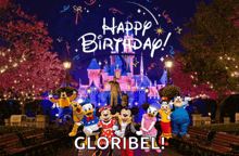 a group of mickey mouse characters standing in front of a castle with the words happy birthday gloribel on the bottom