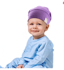 a baby is wearing a purple hat and a blue shirt