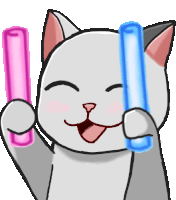 a cartoon cat is holding a pink and blue stick