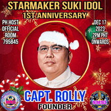 a picture of a man wearing a santa hat and the name capt. rolly founder