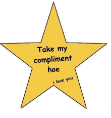 a yellow star with the words take my compliment hoe i love you written on it