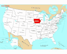 a map of the united states has iowa highlighted in red