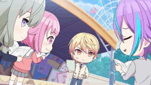 a group of anime characters are standing around a ferris wheel