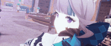 a girl with white hair and purple eyes is wearing a blue scarf around her neck