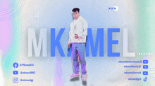 a man in a white hoodie is standing in front of a blue background that says mkmel