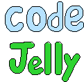 a pixel art of the words code jelly in blue and green