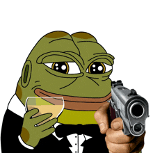 a green frog in a tuxedo is pointing a gun at the camera