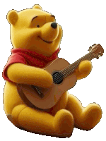 winnie the pooh is playing a guitar while sitting down