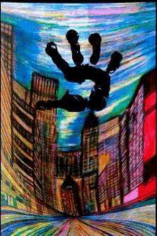 a painting of a person falling through the air in a city