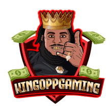 a logo for king opp gaming with a man in a crown giving a thumbs up