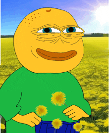 a cartoon character holding dandelions in front of a field of dandelions