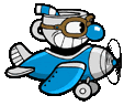 a cartoon of a cuphead flying a blue airplane .