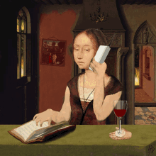 a painting of a woman talking on a cell phone next to a glass of red wine