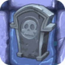 a cartoon gravestone with a skull on it is sitting on top of a purple rock .