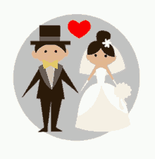 a cartoon of a bride and groom holding hands with a red heart in the background