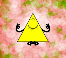 a cartoon drawing of a yellow triangle with black arms and legs on a pink and green background