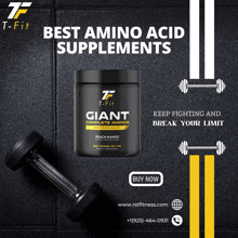 an advertisement for t-fit giant complete amino supplements