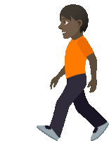 a man wearing an orange shirt and black pants is walking on a white background