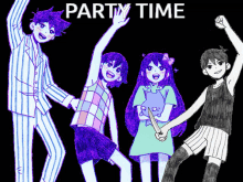 a group of anime characters standing next to each other with the words party time written above them