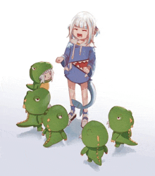 a girl with a shark on her back is surrounded by dinosaurs