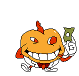 a pixel art drawing of a pumpkin holding a dollar bill and giving a thumbs up