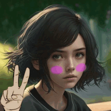 a girl with short black hair is giving a peace sign with her hand .