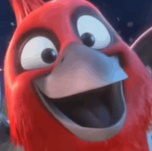 a close up of a red cartoon bird smiling with its tongue hanging out .