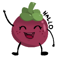 a cartoon illustration of a purple fruit with arms and legs and the word halo written around it