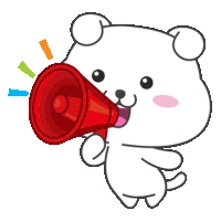 a white teddy bear is holding a red megaphone in his mouth